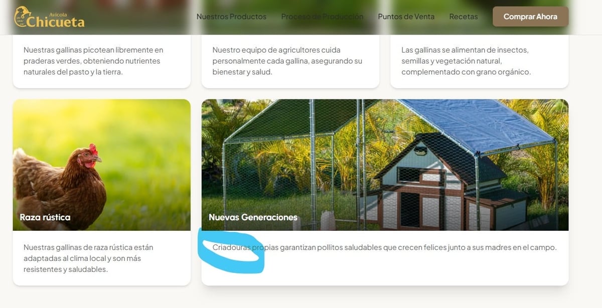 Website section showing three farm features: brown rooster, greenhouse structures, and rural building