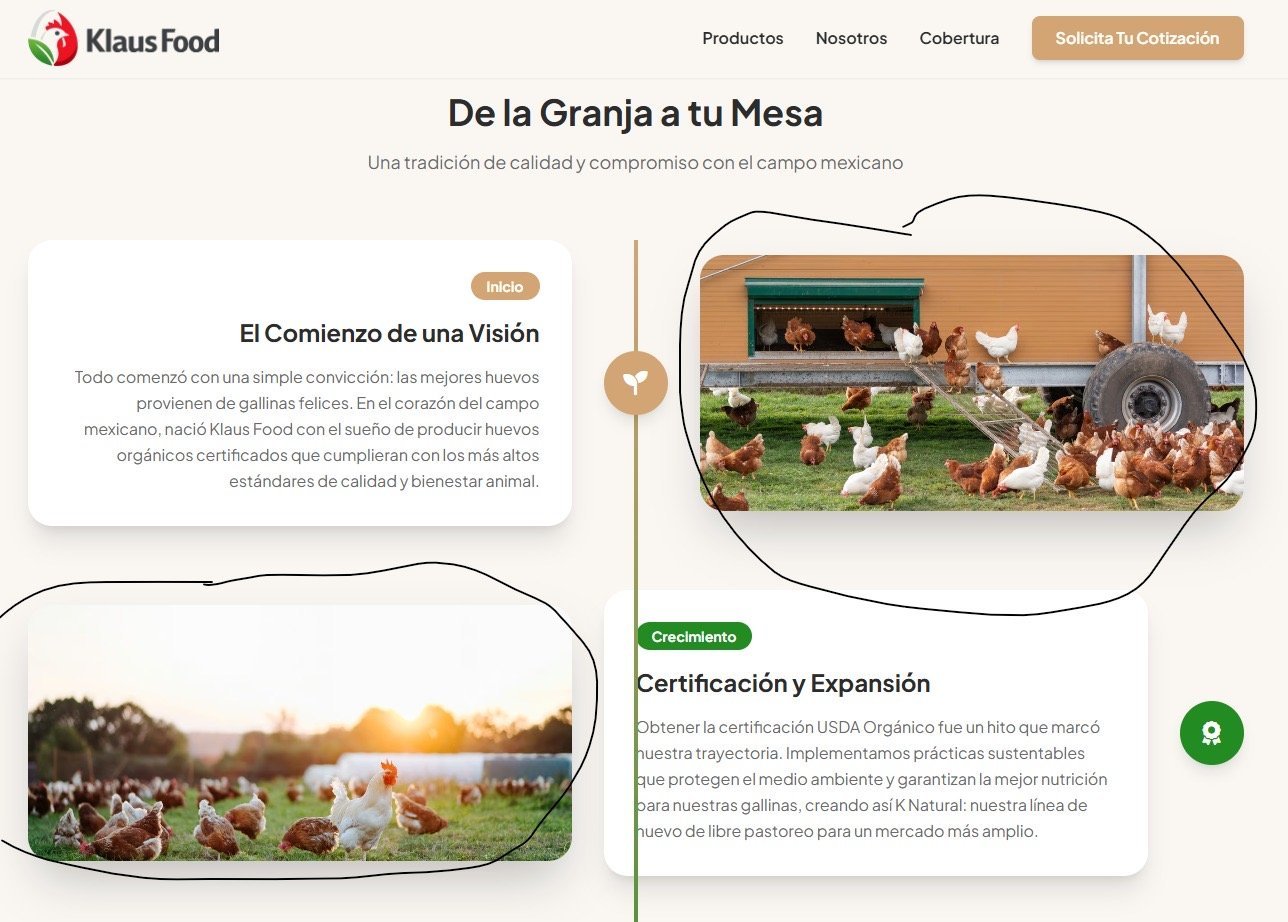Klaus Food website showing farm-to-table concept with images of free-range chickens